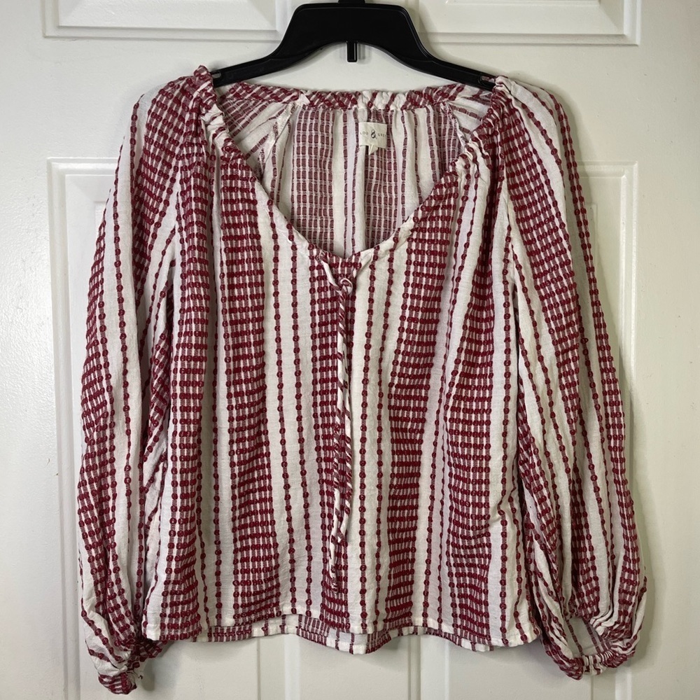 Lou & Grey Red White Striped Dobby Cotton Peasant Blouse XS